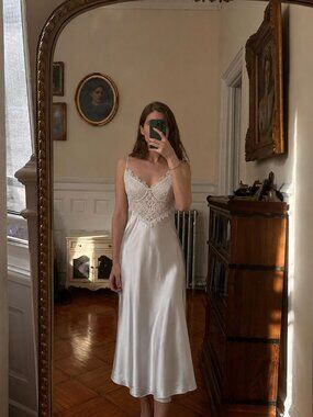 Pierre Cardin White Midi Slip Dress Size Small Lingerie Lace